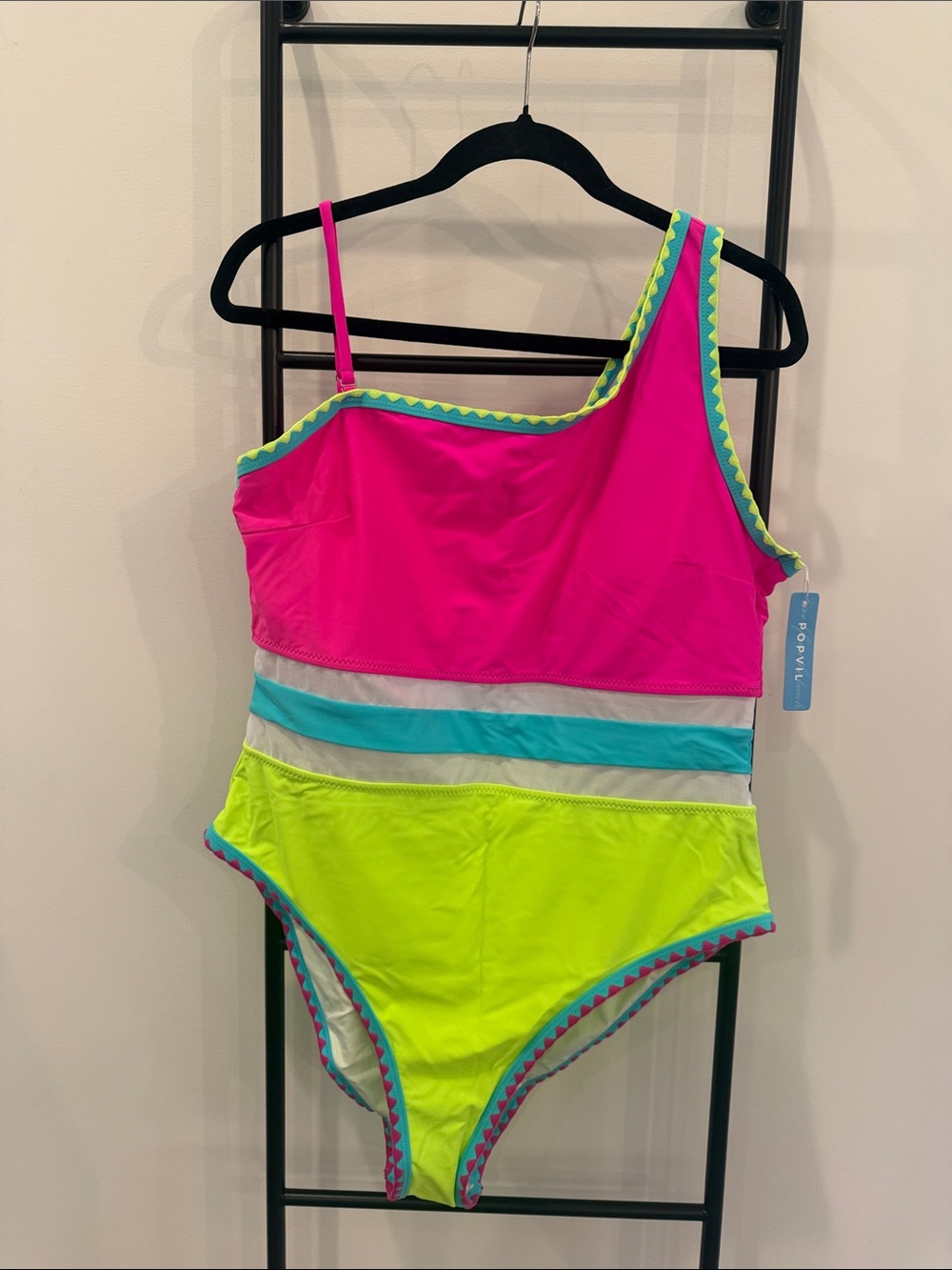 Women’s One-Shoulder Neon Pink & Lime Stripe Swimsuit